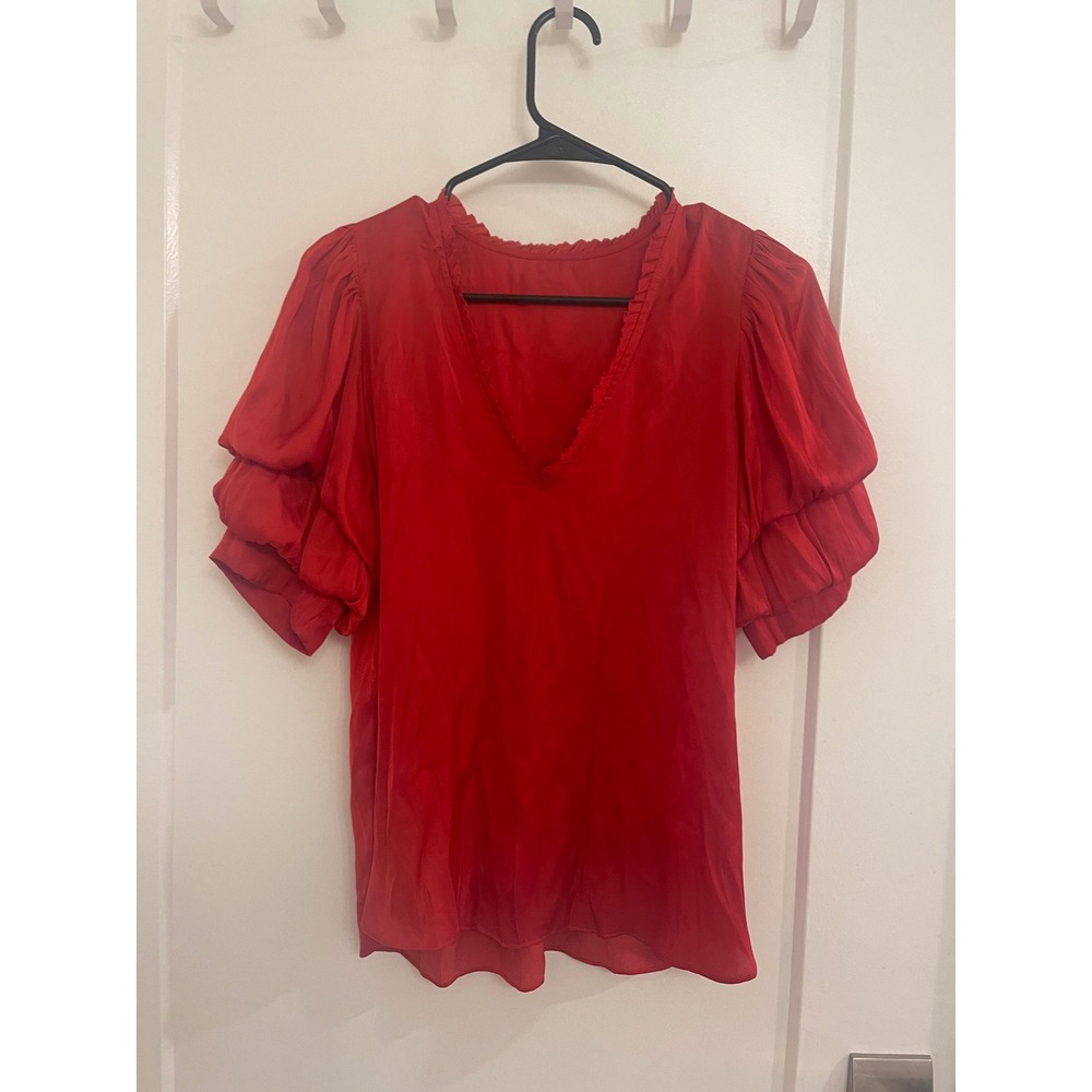 Holiday Fall Red‎ Puff Sleeve Elegant Blouse V Neck Ruffled Cottagecore Luxury